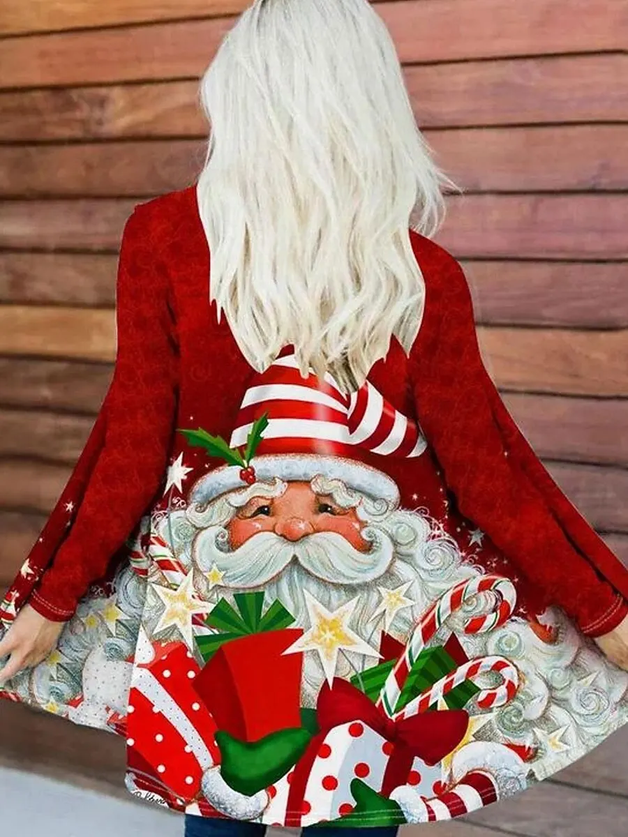 

Женское пальто, легкое, удобное, с принтом, с открытой передней частью, винтажное, модное, повседневное, с Санта-Клаусом, для отдыха, с длинными рукавами, стандартной посадки