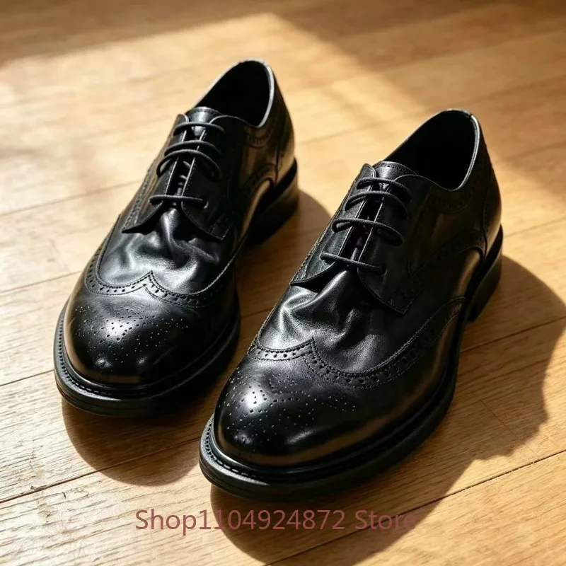 High End Washed Genuine Leather Brogue Carved Men Leather Shoes Youth Business Dress Derby British Black Groom's Shoes Male
