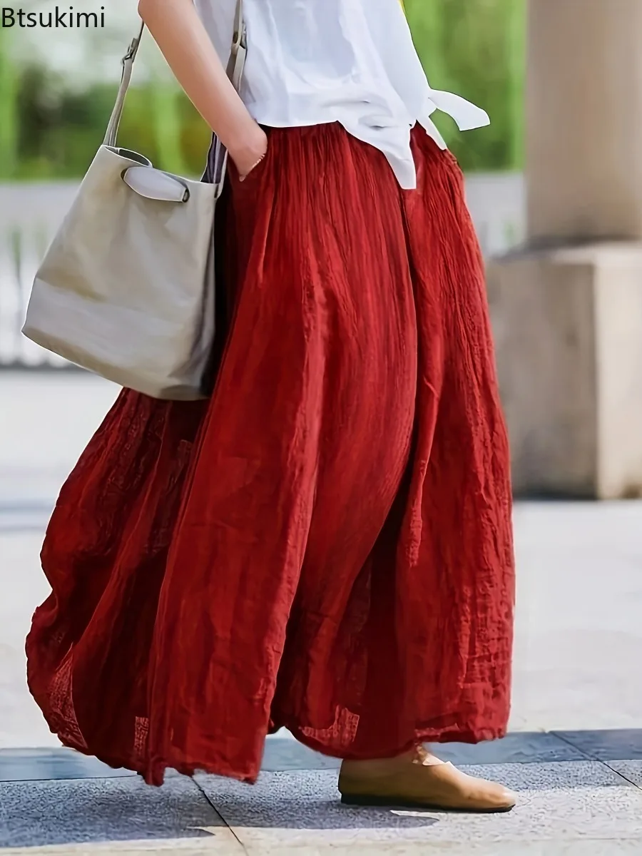 2025 Women Fashion Summer Retro Skirt Solid Color Loose Elastic Waist Half Skirt   Fashionable and Casual Versatile Long Skirts