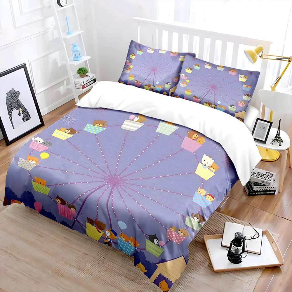 Cartoon animals on ferris wheel Pattern Duvet Cover Set Digital Print Colorful Polyester Bedding with Zipper Closur kids gifts
