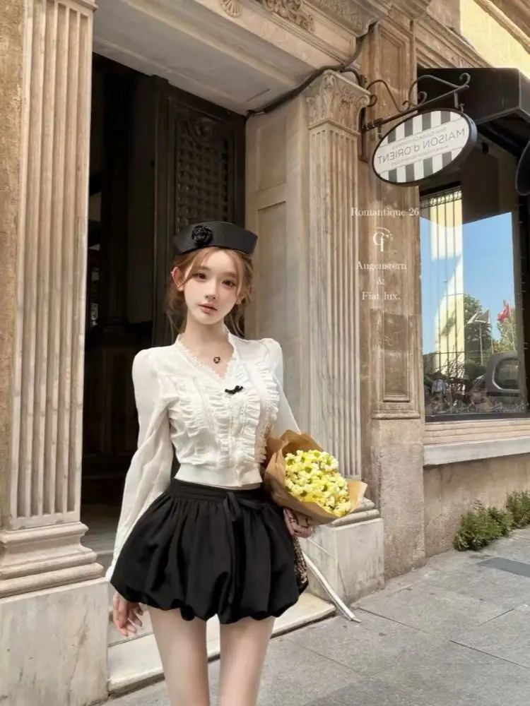 French Retro Coquette 2 Piece Set Women Lace Ruffle Bow Puff Sleeve Crop Blouse High Waist Black Bubble Shorts Korean Fashion