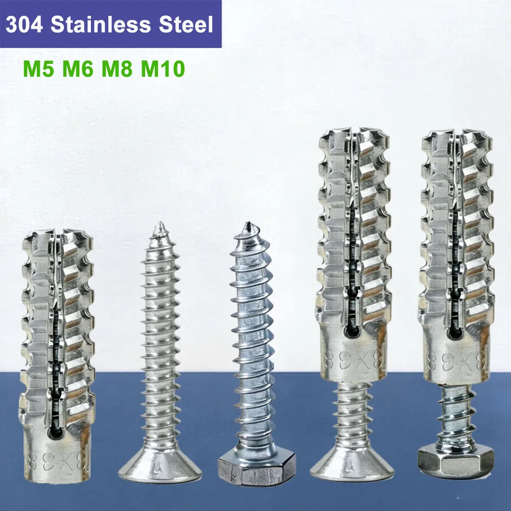 304 Stainless Steel Tree Shaped Wall Anchor with Hexagonal Head Screw M5 M6 M8 M10 Metal Expansion Bolt with Self-tapping Screw