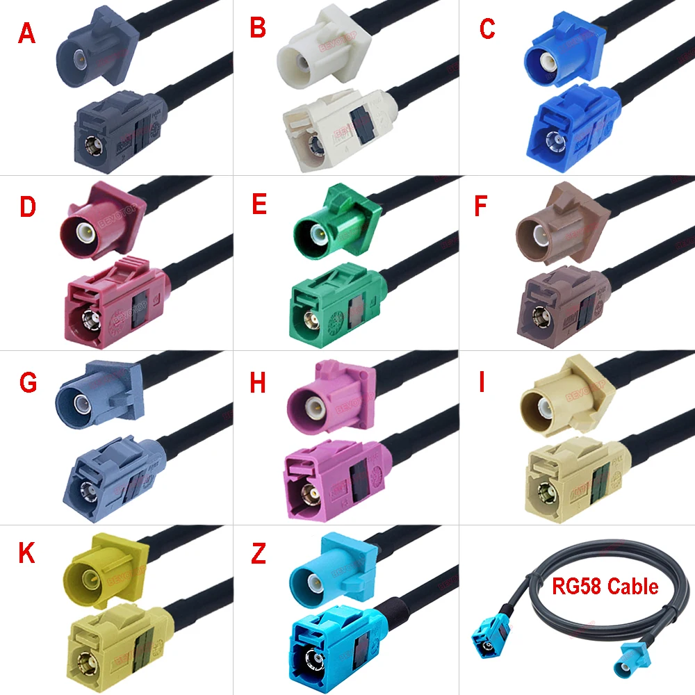 1PCS RG58 Fakra Cable Code A/B/C/D/F/G/H/I/K/Z Male Plug to Female Jack Wire Harness RG58 Jumper BEVOTOP Auto Cable 10CM ~ 30M