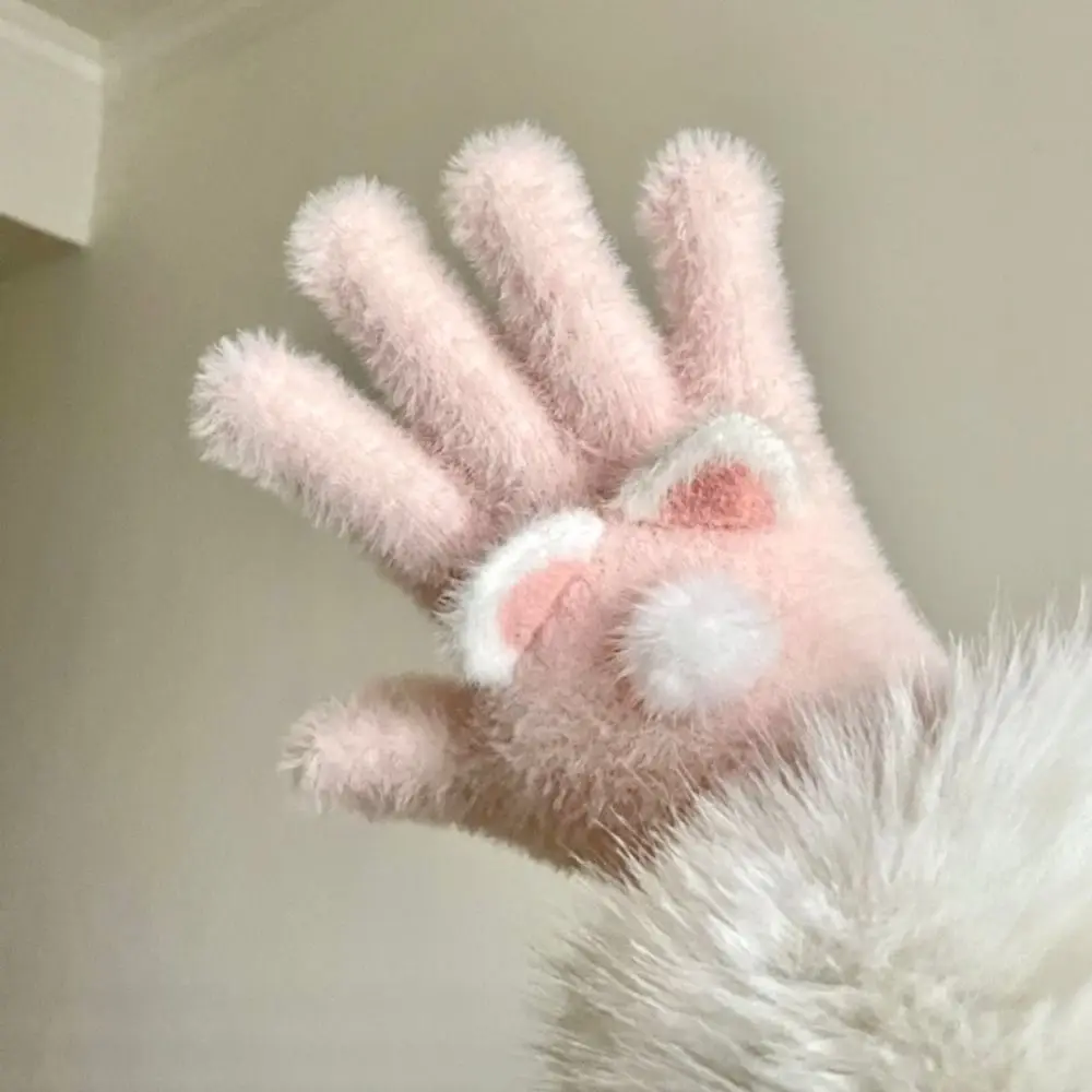 Niedliche Korallensamt-Handschuhe aus Korallensamt, Kaninchen-Katzenohren-Handschuhe, winddicht, Cartoon-Baumwoll-Fäustlinge für Damen