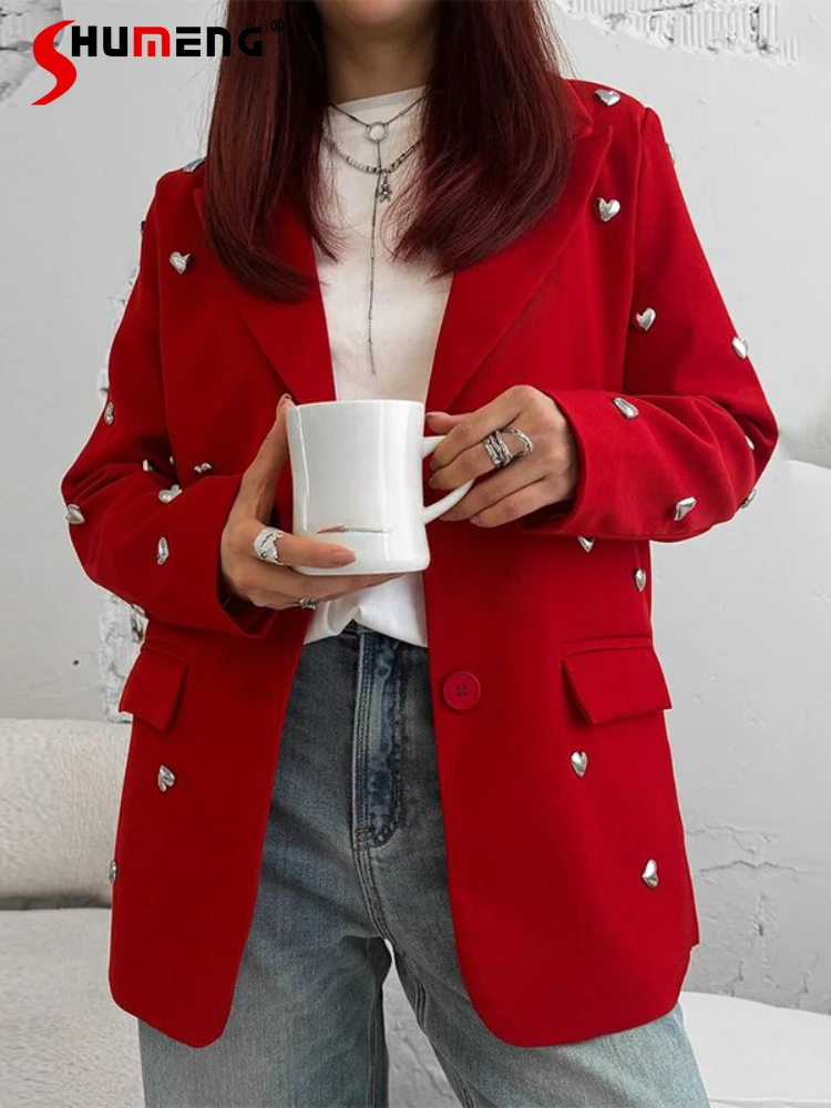 

Women's 2024 Autumn New Comfort Casual Loose Tailored Coat Love Metal Decoration Tailored Coats Long Sleeve Solid Color Blazers