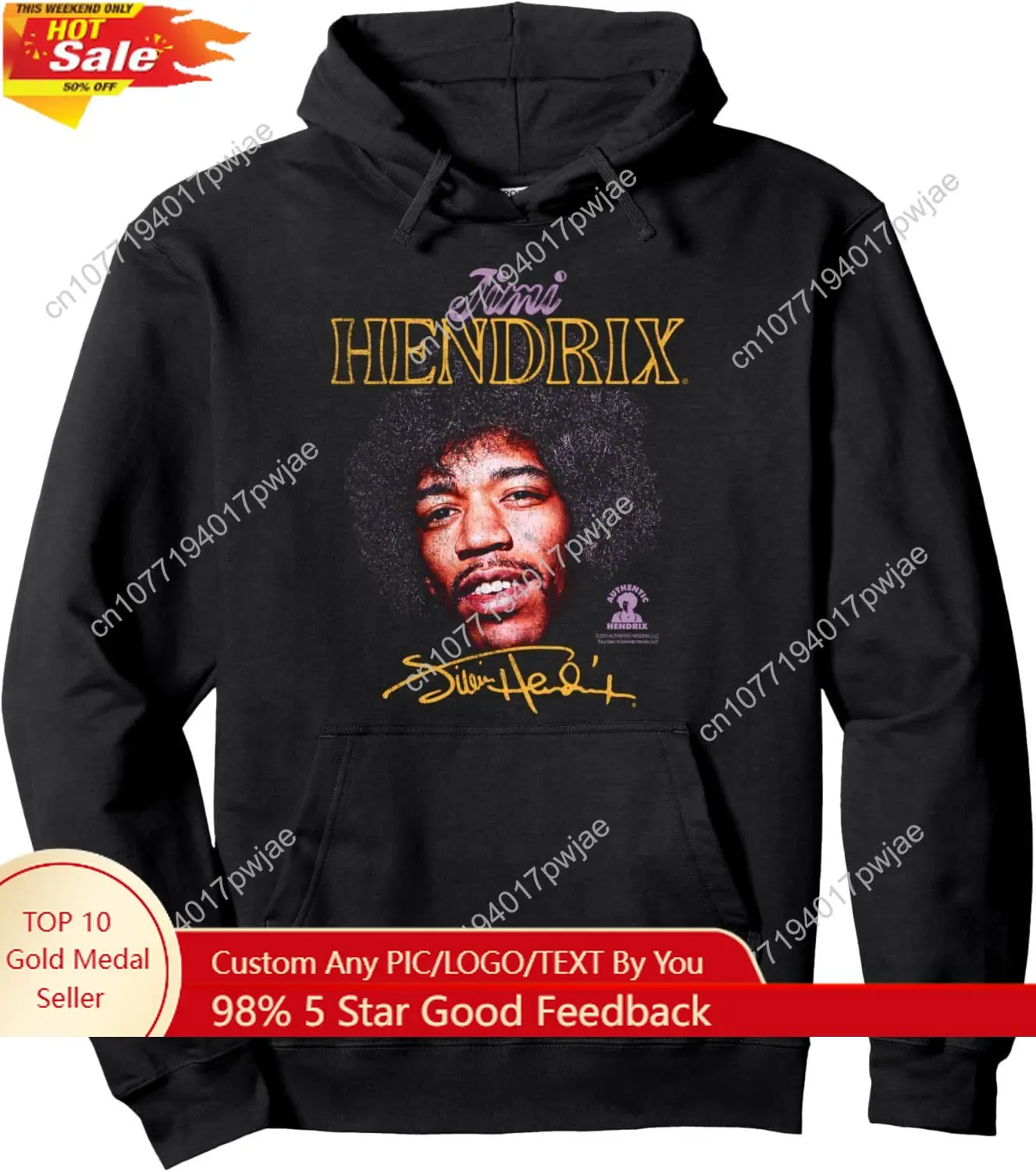 

Jimi Hendrix Portrait with Signature Pullover Hoodie