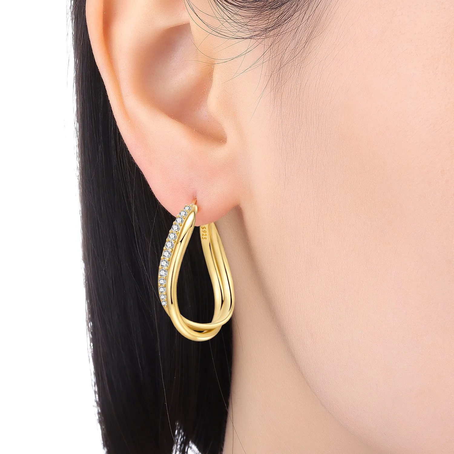 Orstarry S925 فضة مزدوجة الطبقات الذهبي الزركون أقراط تنوعا هوب أقراط للنساء مجوهرات هدايا الحفلات