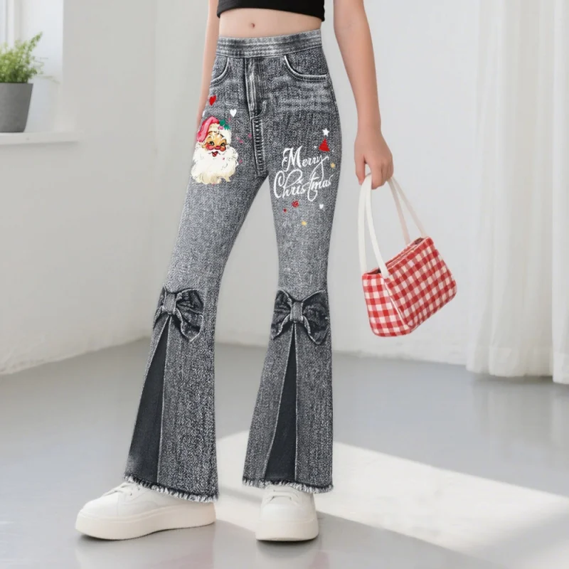 

2025 Hot-selling Christmas Girls Pink Flared Pants Nine-point Pants, Santa Element Printing, Children's Casual Imitation Jeans