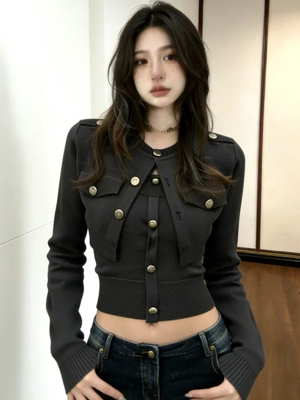Women's Short Cardigan Two-Piece Set Metal Buckle Shoulder Chapter Slim Fit Sweater Jacket Inner Wear Top High Waist Design