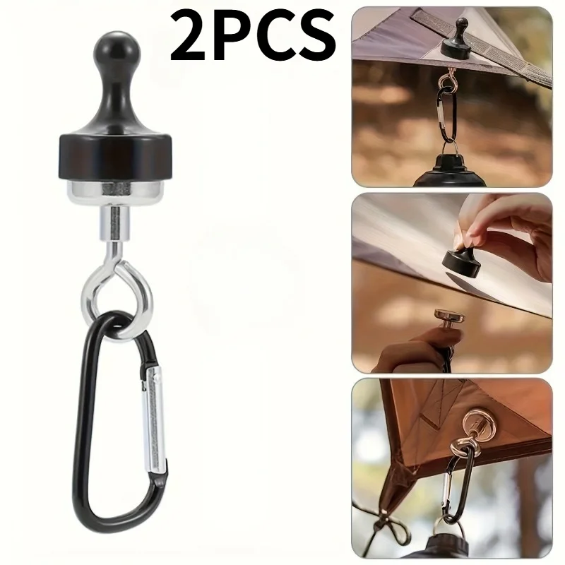 2 Ganchos Magnéticos para Camping, Pretos, com Suspensão de Segurança, para Barraca, Conexão de Equipamentos, Aventura ao Ar Livre.