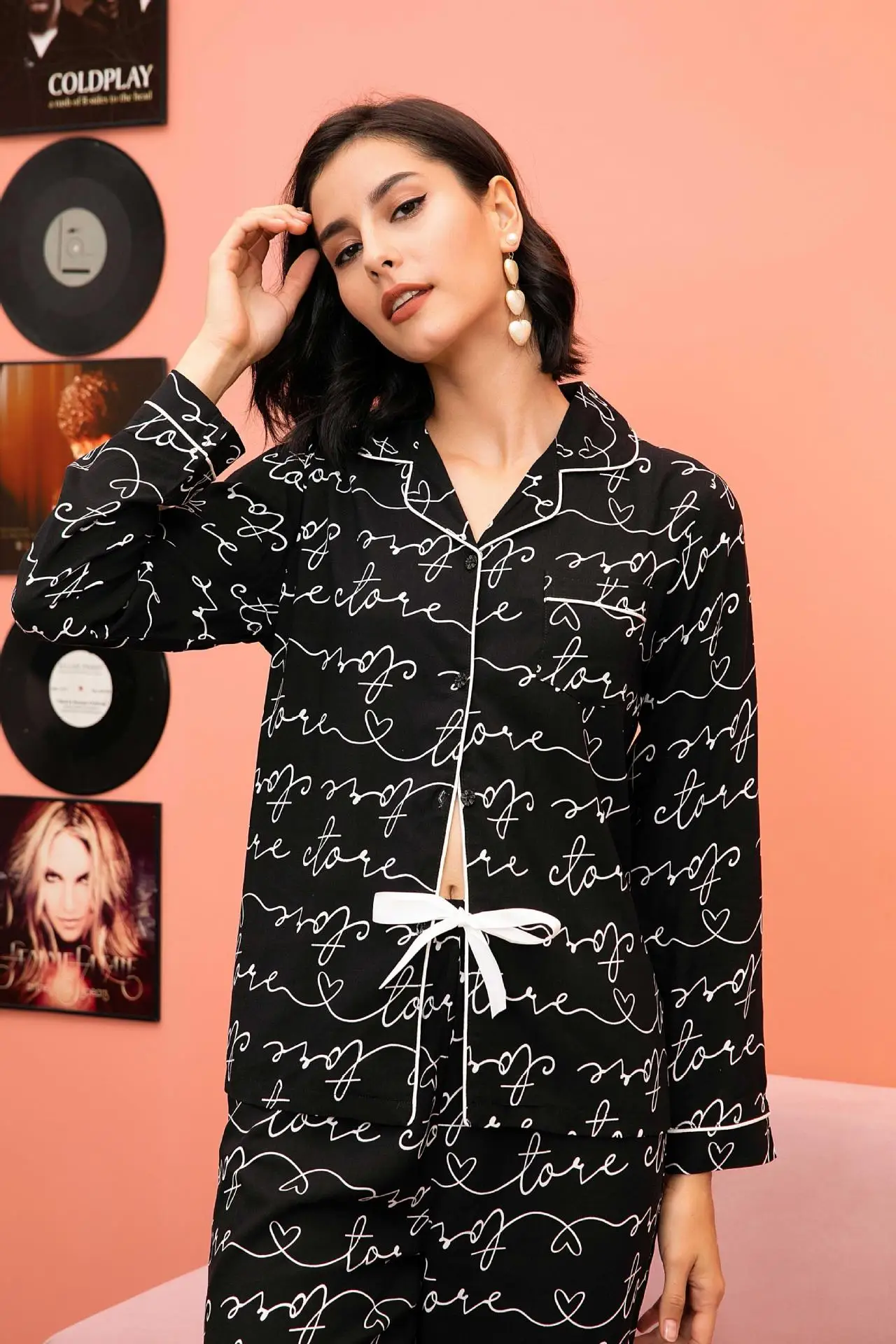 

Letter Print Women's Pajamas Set Long Sleeve Button Top & Full-Length Pants 2 Pieces Sleepwear Female Nightwear Loungerwear