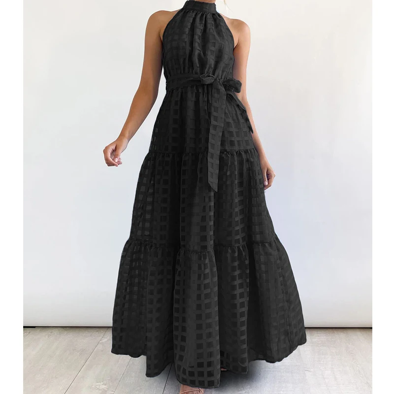 Robe longue à col licou avec ceinture pour femme, élégante, vintage, décontractée, plage, été, 2024