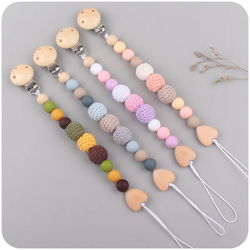 2Pcs Pacifier Clips Elephant Wooden Clip Geometric Crochet Beads Bag Wood Teether  for Baby Pacifier Holder Dummy Clips