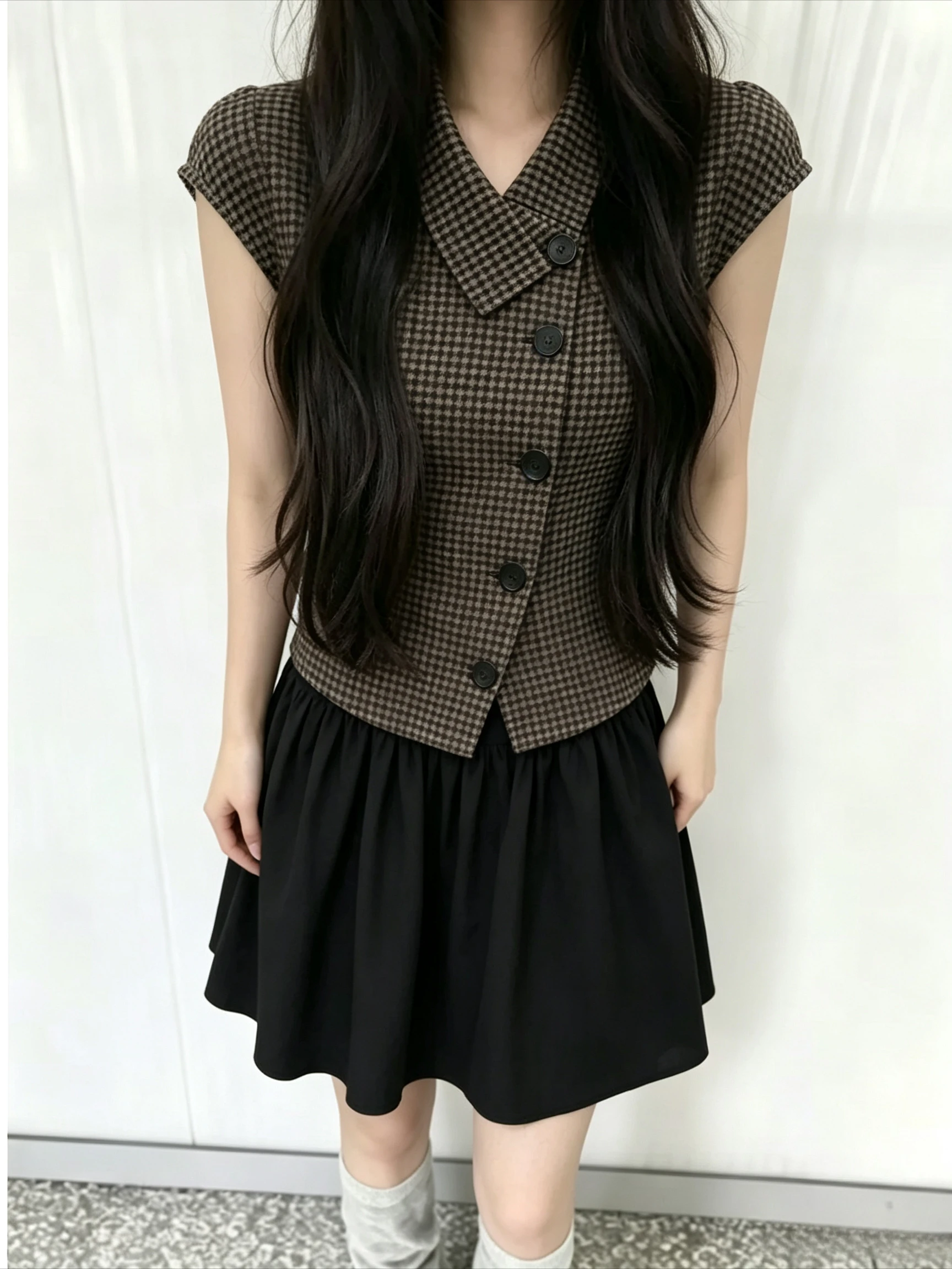 2026 Fall Korean Retro 2‑Piece Outfit Plaid Short Sleeve Blouse High Waist Pleated Skirt Y2K Harajuku Daily Street Matching Set