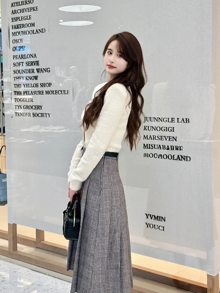 Faionable retro cintura alta midi xadrez saia plissada para deslocamento outono nova chegada saia de mistura de poliéster feminino