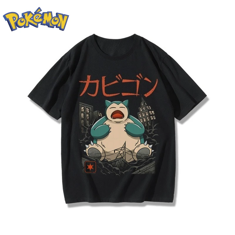 Pokémon Anime Snorlax periférico impreso algodón negro camiseta verano hombres y mujeres suelta Harajuku pantalón corto Casual Top de manga