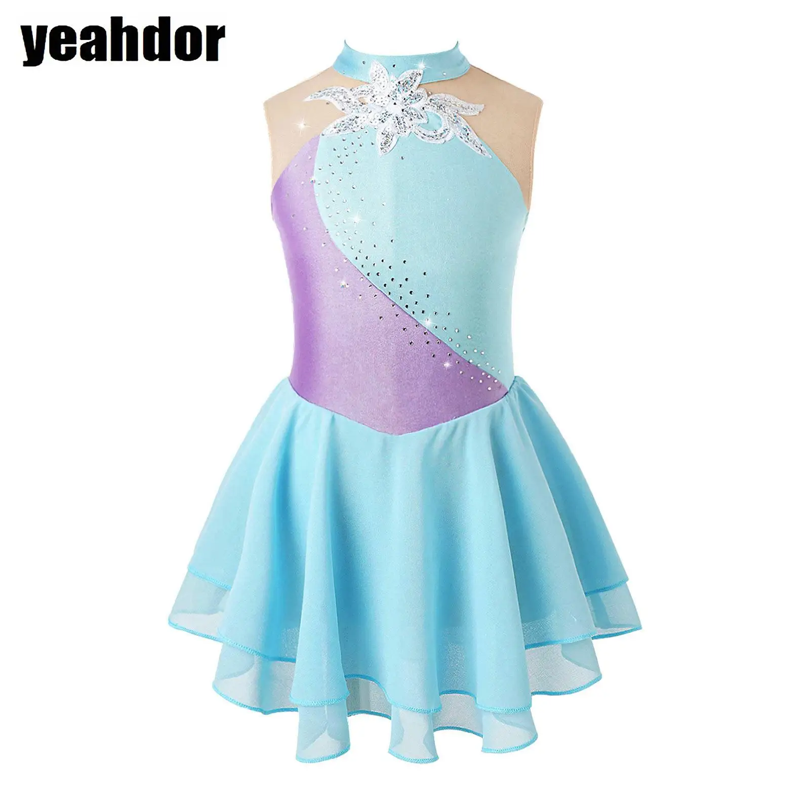 

Figure Skating Dress for Girls Sleeveless Shiny Rhinestone Floral Sequin Gymnastics Ballet Leotard Dresses for Stage Performance