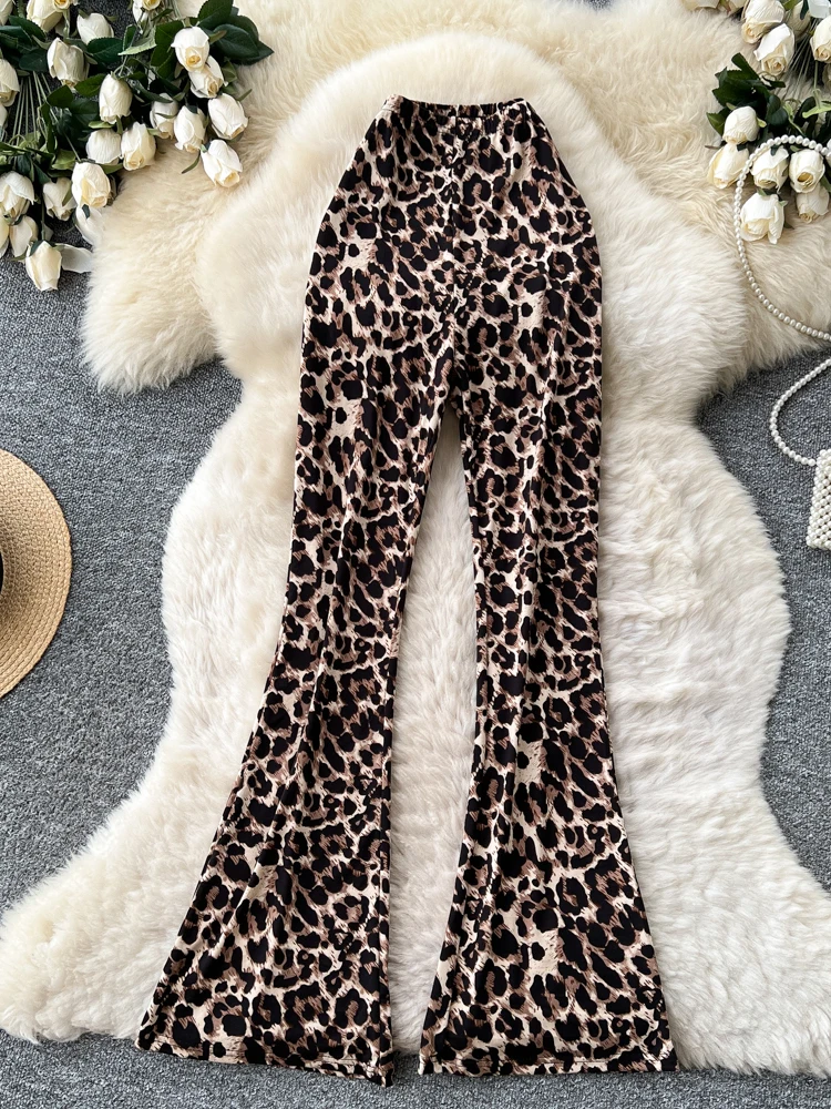 High Waist Leopard Print Bell Bottom Pants Women's Fashionable Slim Fit Summer Casual Style Commute Long Trousers