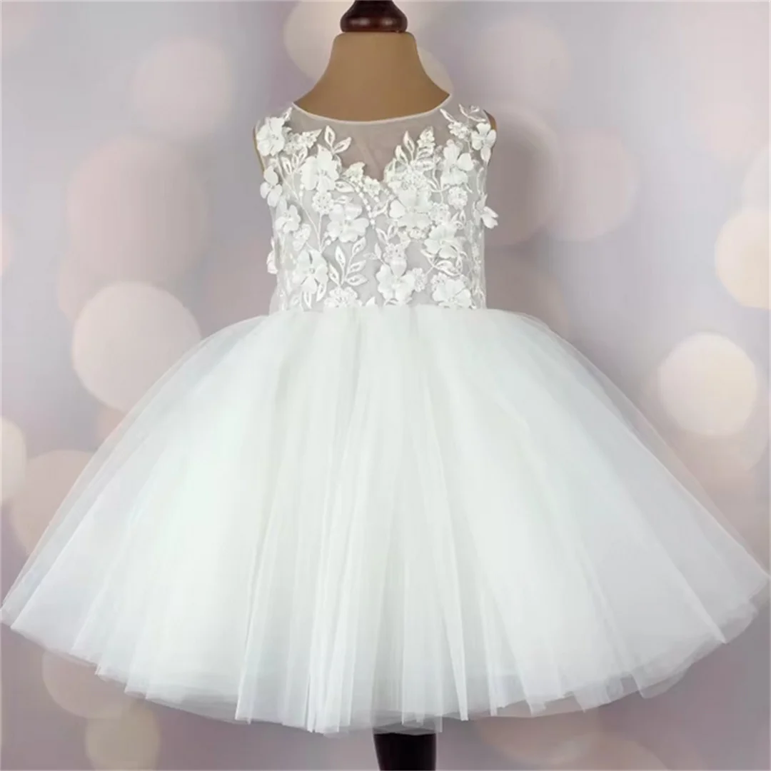 White Flower Girl Dress Tulle Sleeveless With Bow Knee Length For Wedding Birthday First Communion Dress