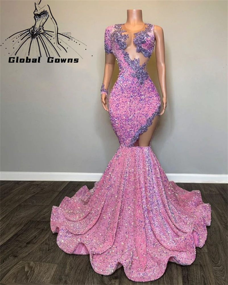 Pink Sheer O N Long Prom Dress Meninas pretas 2024 Sparkly Sequin Birthday Party Dresses Apliques Vestidos de noite Sereia personalizada