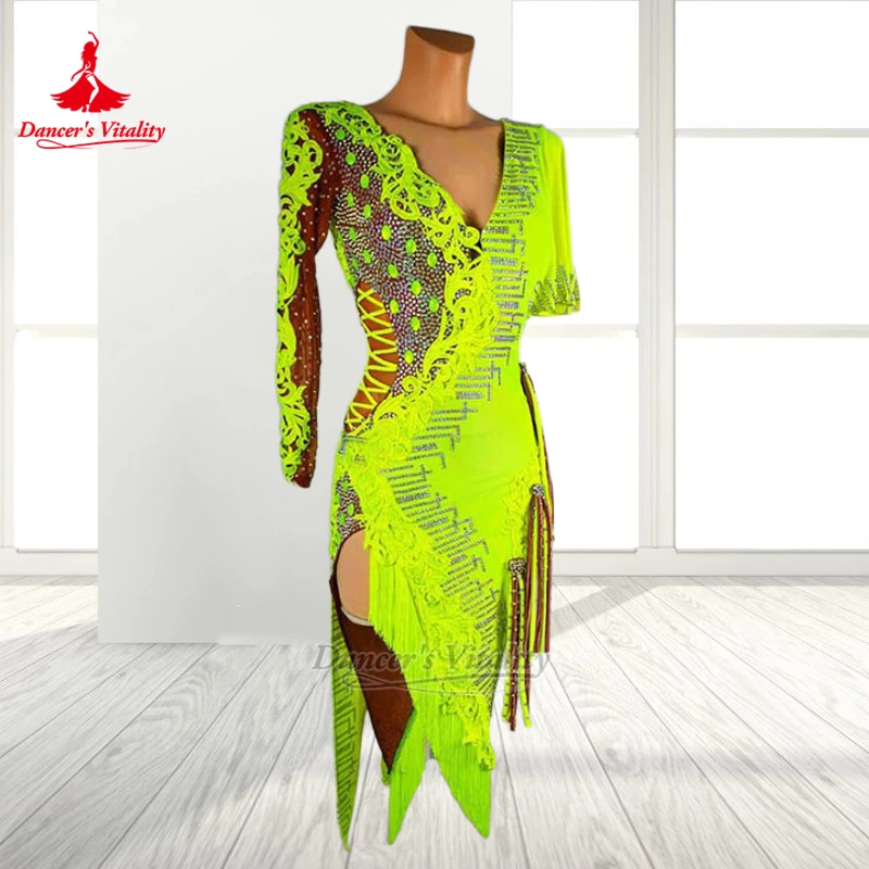

Fluorescent Color Different Sleeves Backless Dresses Adult Female Latin Professional Dancer's Wear Customize Dancer's Vitality