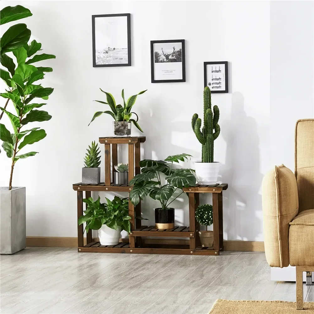 

4 Tier Wood Flower Stand Plant Stand Flower Display Stand Carbonized For Patio, Balcony, Living Room, Brown