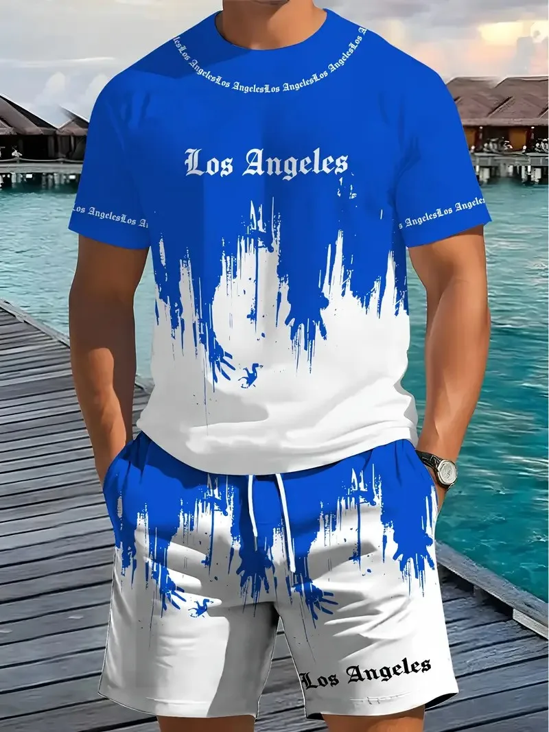 2025 3D Gradient Printed Sports Fashion Short Sleeved Two-piece Set Summer New Men's Shorts T-shirt Set