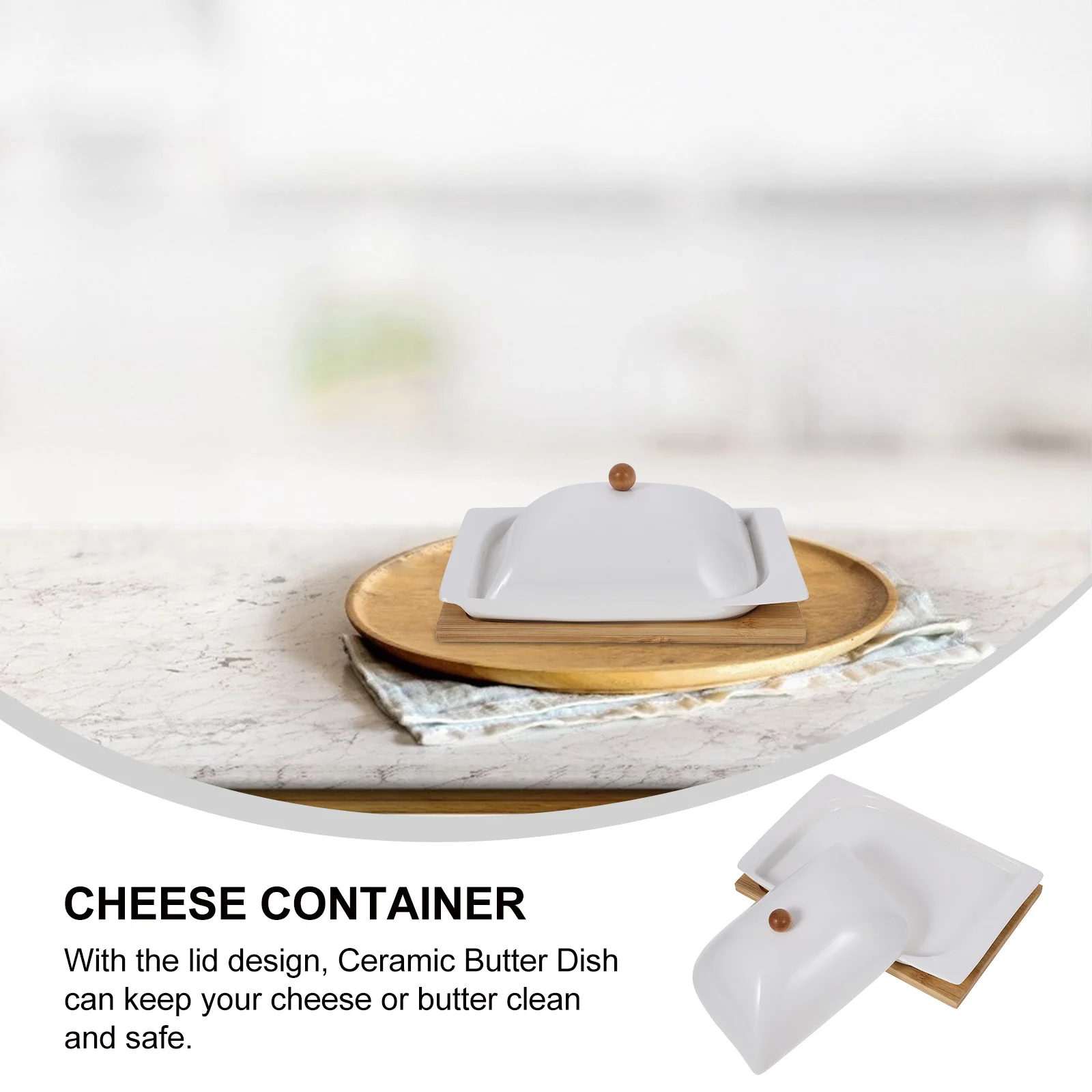 

Ceramic Butter Dish Lid Wood Bead Rectangle Holder Kitchen Container Cheese Storage Box White Color Large Capacity Reusable