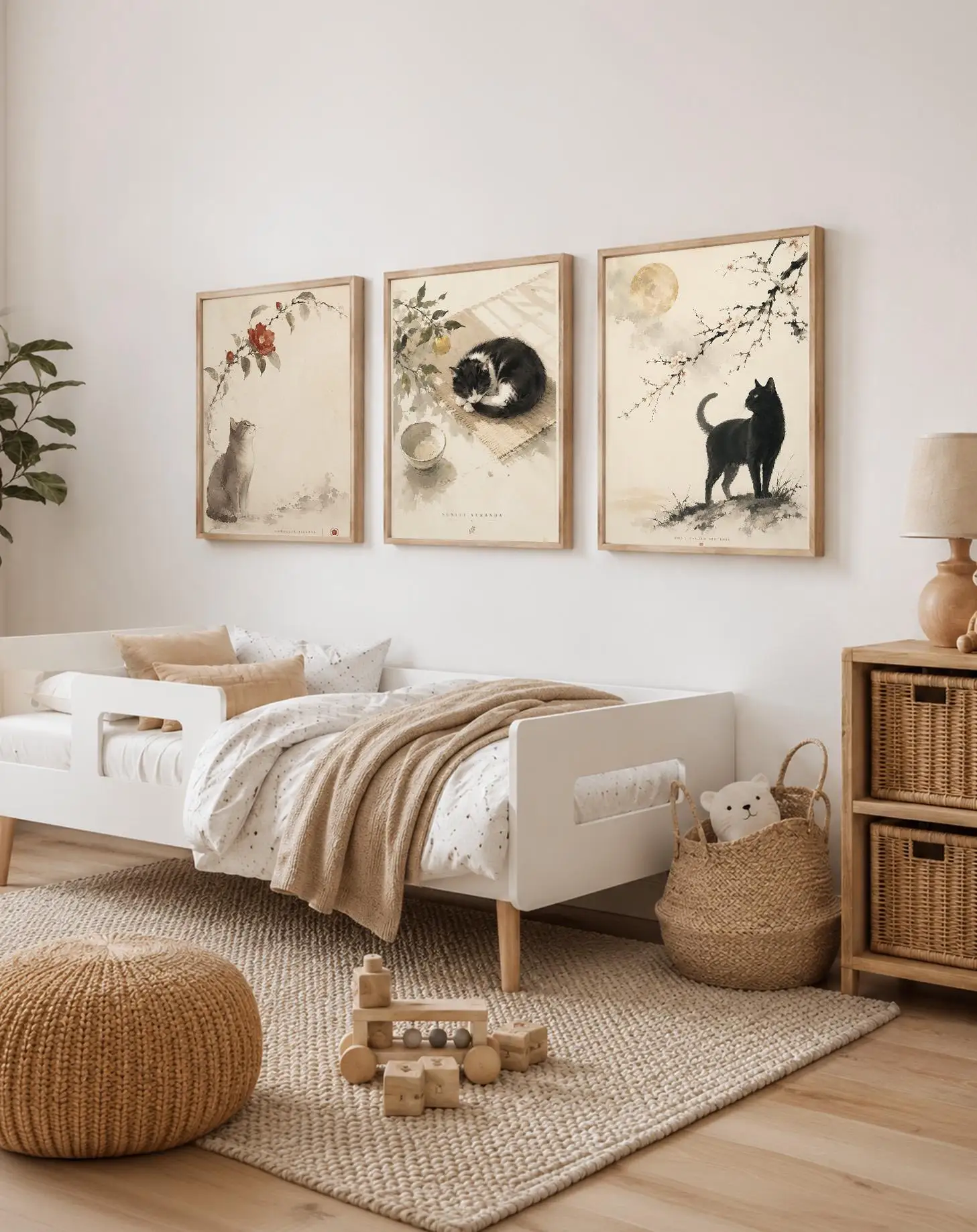 3PCS Large-sized frameless canvas paintings,3Pcs Oriental Ink Cat Wall Art, Japandi Wabi Sabi Floral Moon Tea Bowl Canvas Prints