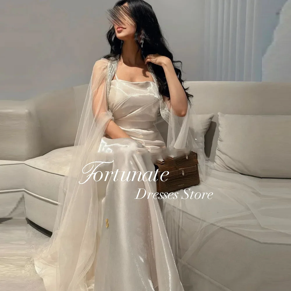 Fortunate Shiny Silk Ivory Arabic Women Evening Dresses With Jacket Long Sleeves Glitter Straps Dubai Formal Occasion Prom Gowns