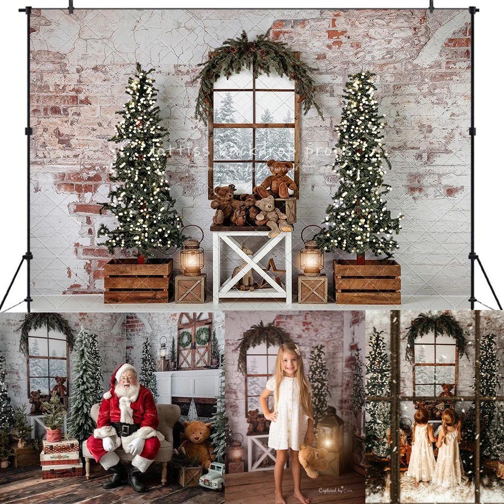 Brick Wall Windows Xmas Trees Backdrops Kids Family Photography Child Adult Photocall Decors Christmas Room Backgrounds