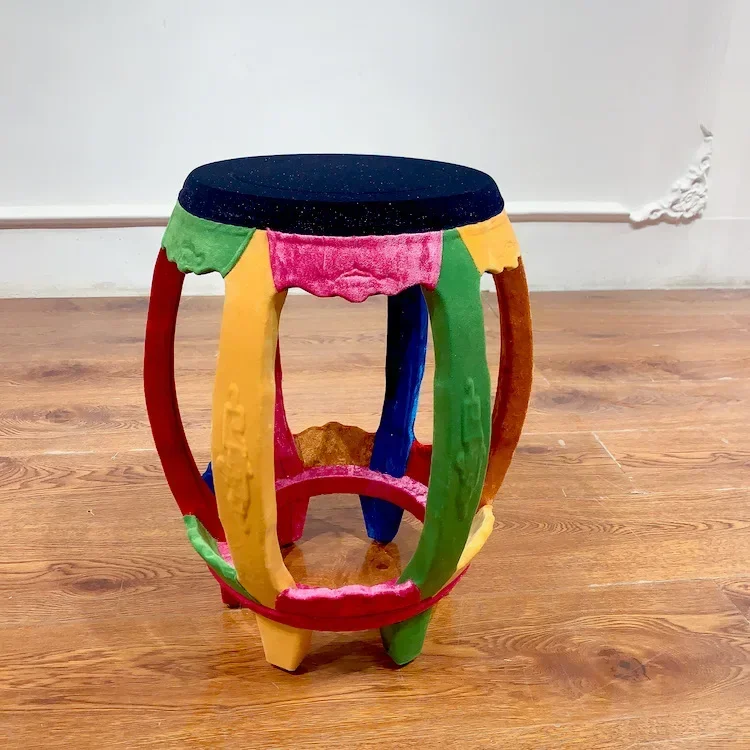 New Chinese-style colored drum stool, fabric splicing low stool, rounded corners, flower racks, tea stool