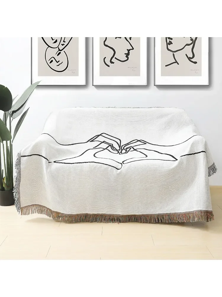 125X150cm Simple Hand To Heart Design Throw Blanket Boho Woven Blankets and Throw Tapestry Cover Bed Sofa Living Room Travel Mat