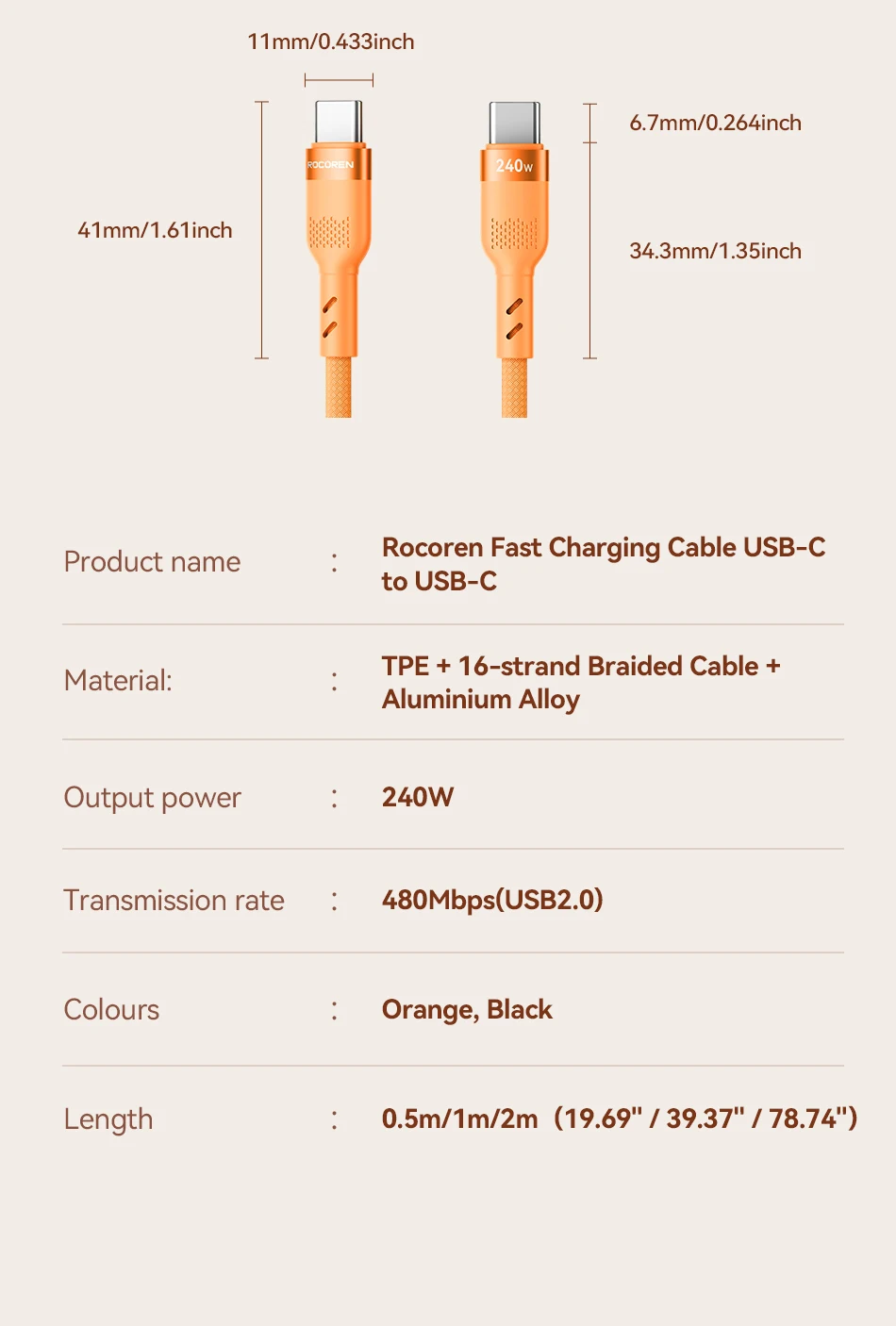 Rocoren 240W USB-Kabel PD USB-C zu Typ-C Kabel für Huawei Xiaomi Samsung USB-C Schnellladekabel Ladekabel Typ-C Kabel – Detail 33