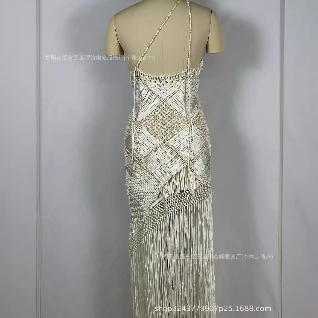 LHB00131-1 Bohemian One-shoulder Dress Dress Hot Sexy One-shoulder Skirt Fashion Design Dress Hand-knitted Haute Couture