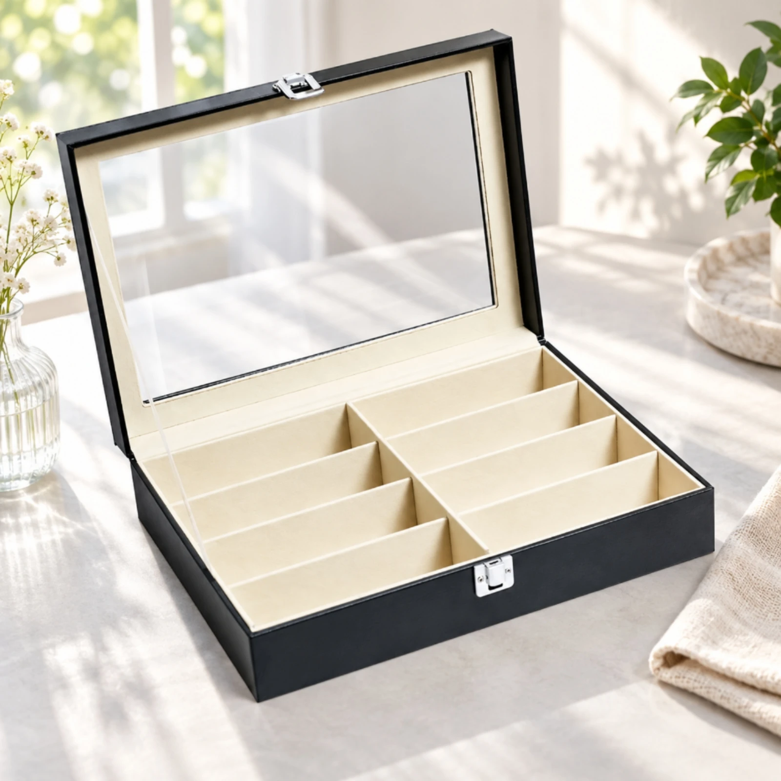 Eyeglass Storage and Display Box Sturdy 8-Compartment Eyeglass Organizer Dustproof Scratch-Resistant for Dressing Table