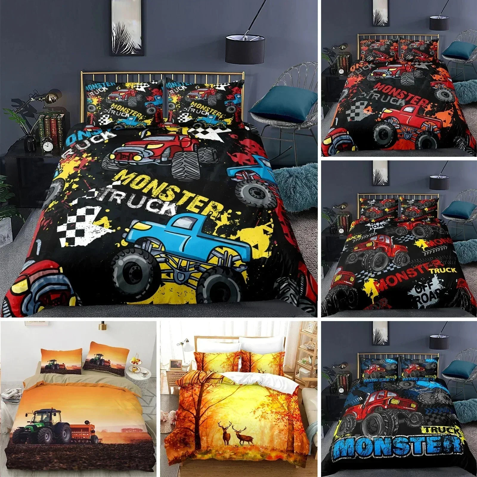 Tractor Kids Duvet Cover,Monster Truck on Farm Pattern Comforter Cover Set Kingqueen Size,Country Boys Hobby Cars Bedding Set