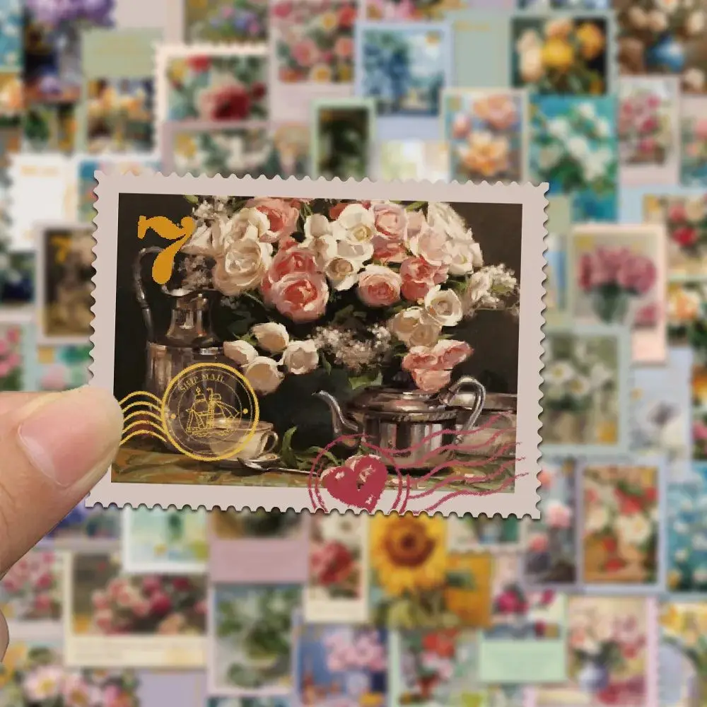 50Pcs Vintage Floral Stamp Stickers, Oil Painting Decals for Journal, Phone Case, DIY, Waterproof.