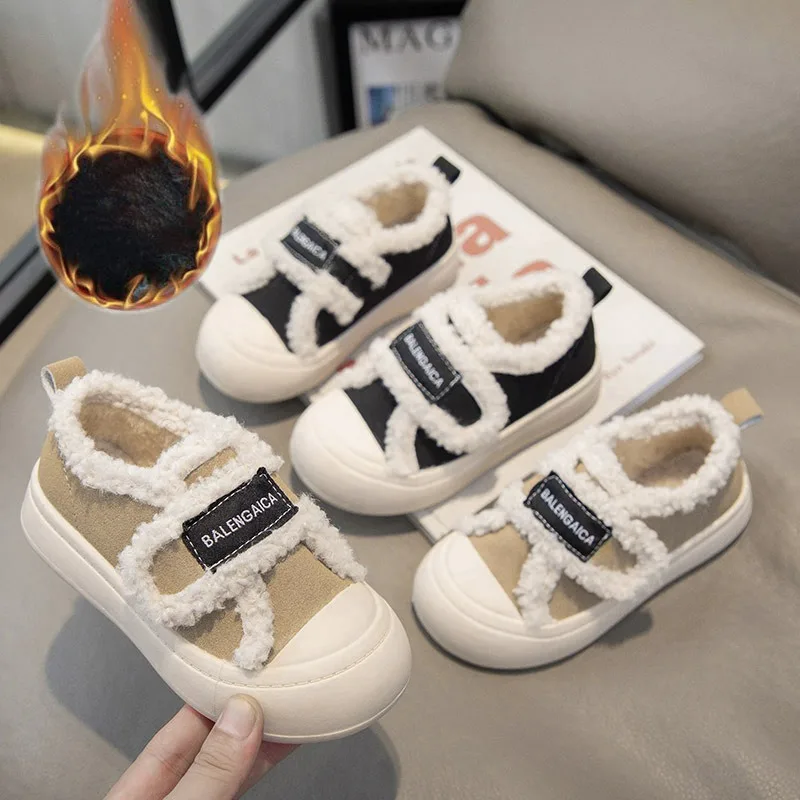 Winter New Boys and Girls Warm Flat Cotton Shoes 2024 Children's Korean Edition Fashion Soft Bottom Velcro Casual Shoes