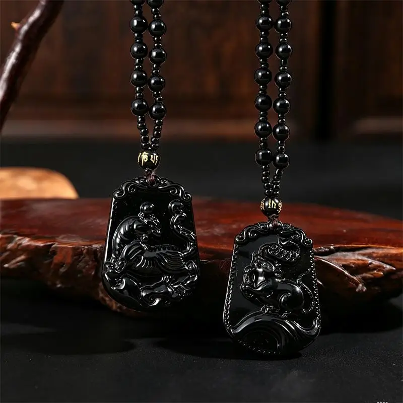 Twelve Chinese Zodiac Signs Retro Style Men Necklace Imitation Obsidian Beads Pendant Long Collar Accessories Healing Homme