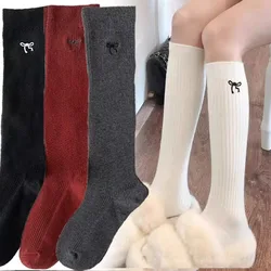 Ancla Red Long Bowknot Knitted Stockings Women Solid Color Elastic Socks Sweet Bowknot Embroidery Girls Vertical Knee-high Socks