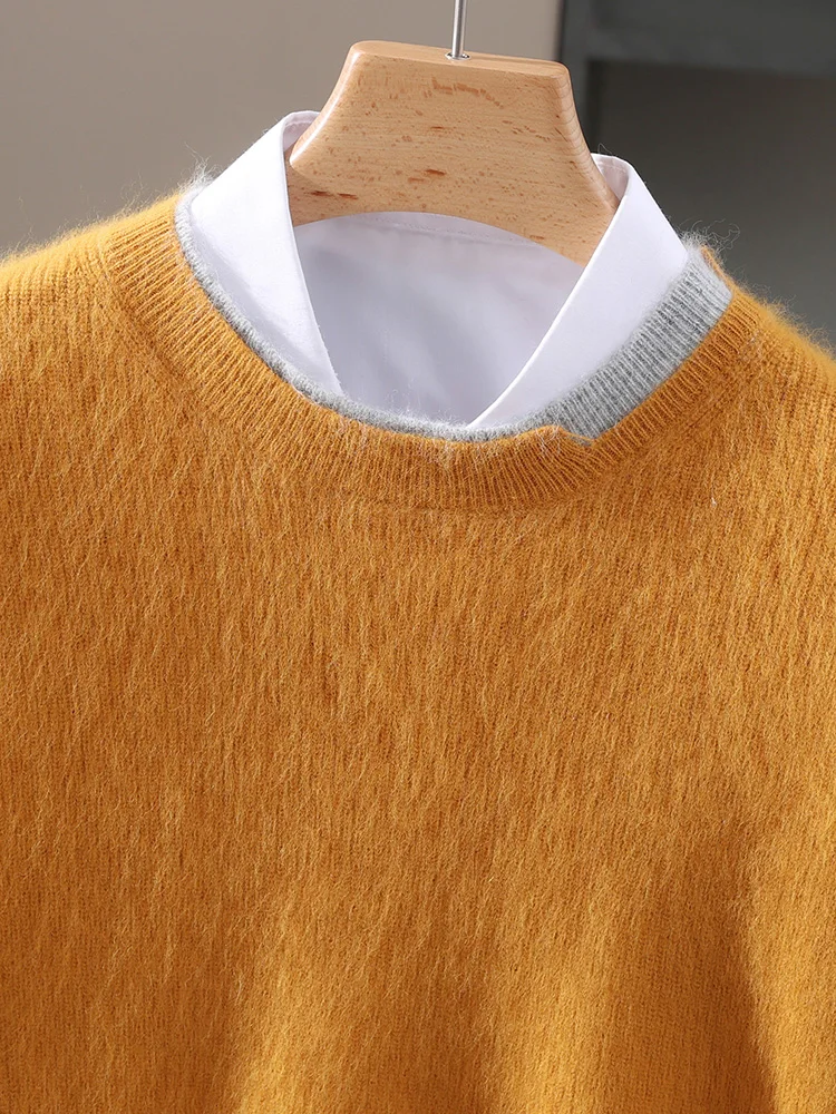 

100% Mink Cashmere Men's Round Neck Pullover Autumn Winter Thick Casual Fashionable Color Blocked Knitted Long Wool Sweater