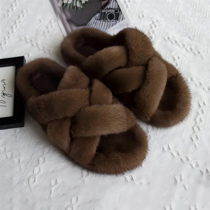 Woman Shoes Cute Fluffy Mink Fur Slippers Multiple Crossovers Winter Warm Women’s Slippers Cuteore Soft-Soled Flat House Shoes