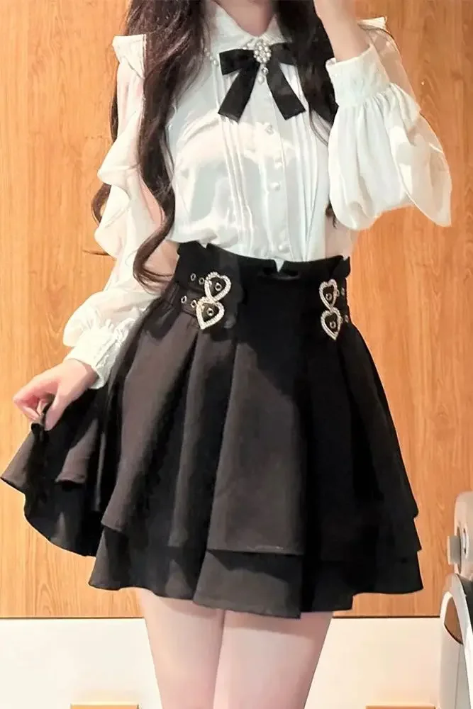 SOIOMES Japanese Sweet Style Summer Lace Shirt A-line Short Skirt Set for Women