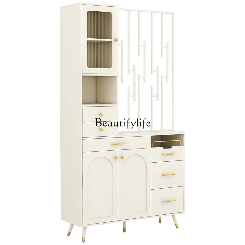 

05-*French Cream Wind Slate Entrance Cabinet Foyer Integrated Large Capacity Locker with Screen