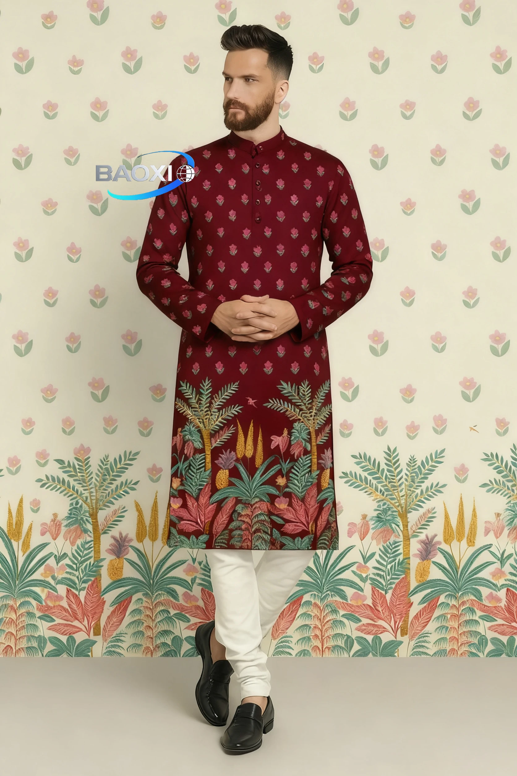 Męska kurta Kurt z nadrukiem, dopasowana, z kołnierzykiem mandaryńskim, długa szata odpowiednia na każdą okazję, takie jak ekskluzywne miejsca weselne.