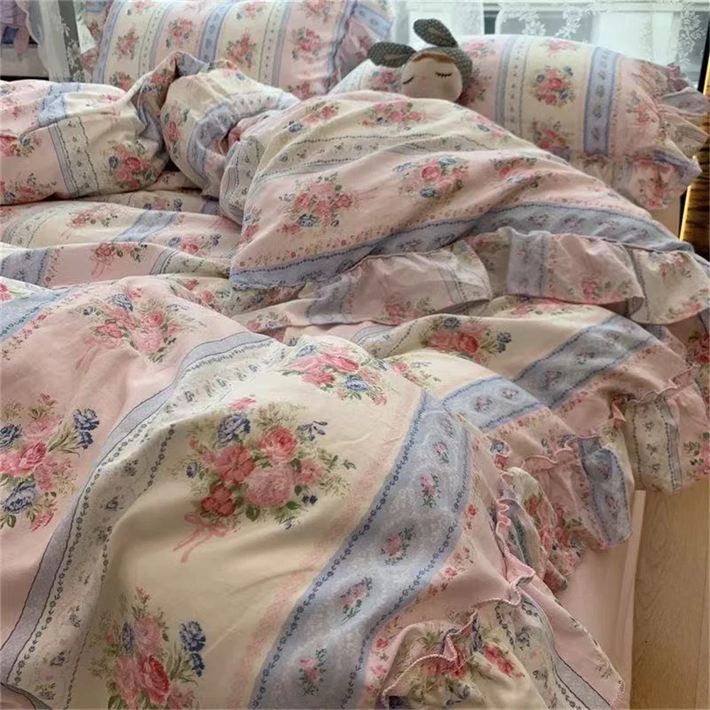 Koreanischen Stil Prinzessin Floral Bettwäsche Set Gewaschene Baumwolle Vintage Französisch Pastoralen Blumen Spitze Rüschen Bettbezug Set Kissenbezug – Detail 5
