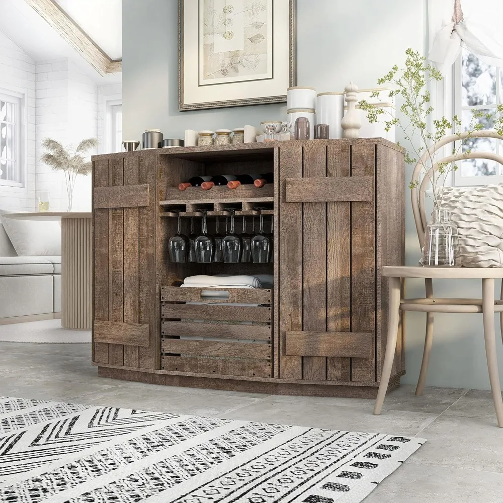 48 in Wine Cabinet with 2 Side Cabinets, 3 Shelves, Removable Crate and Four Bottles Wine Rack, Farmhouse Bar Cabinet