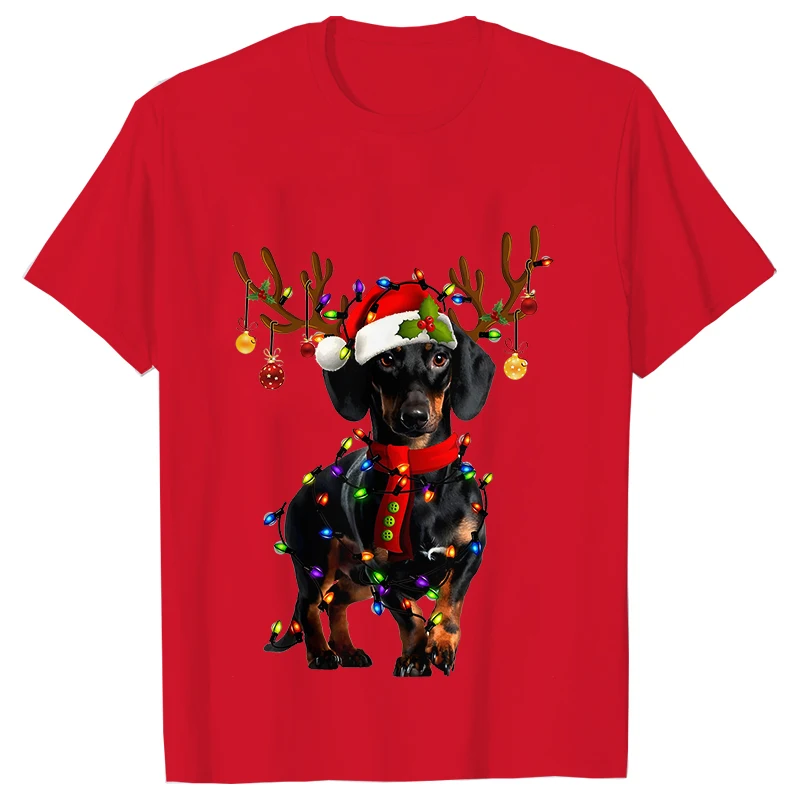 女性用ライト付きクリスマス犬用Tシャツ、ダックスフント、子犬、クリスマスウェア、ホリデーウェア、ママシャツ