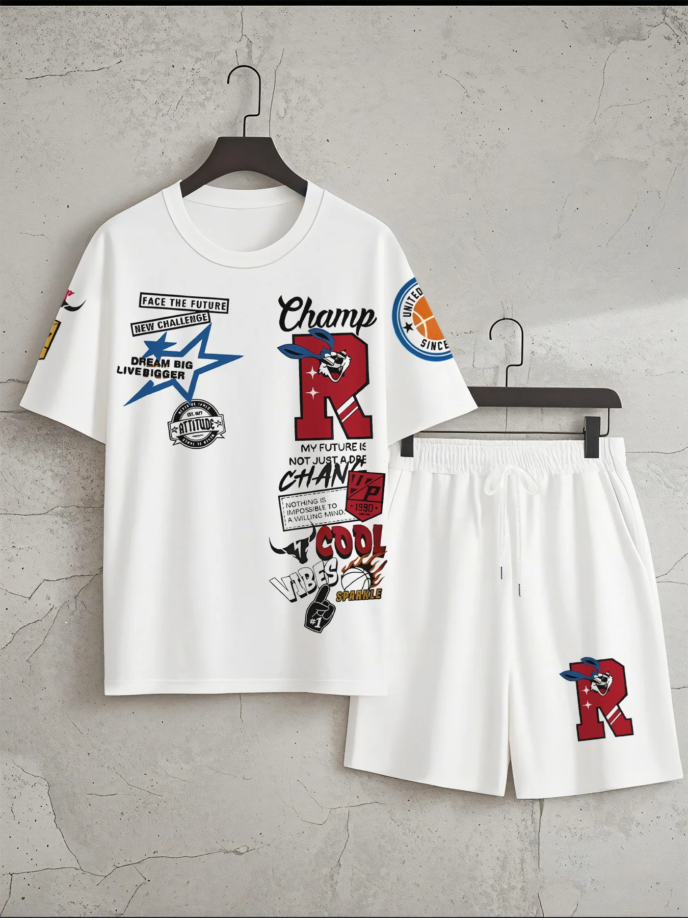 

Men's summer fashion letter print micro elastic breathable round neck T-shirt outdoor casual drawstring shorts set